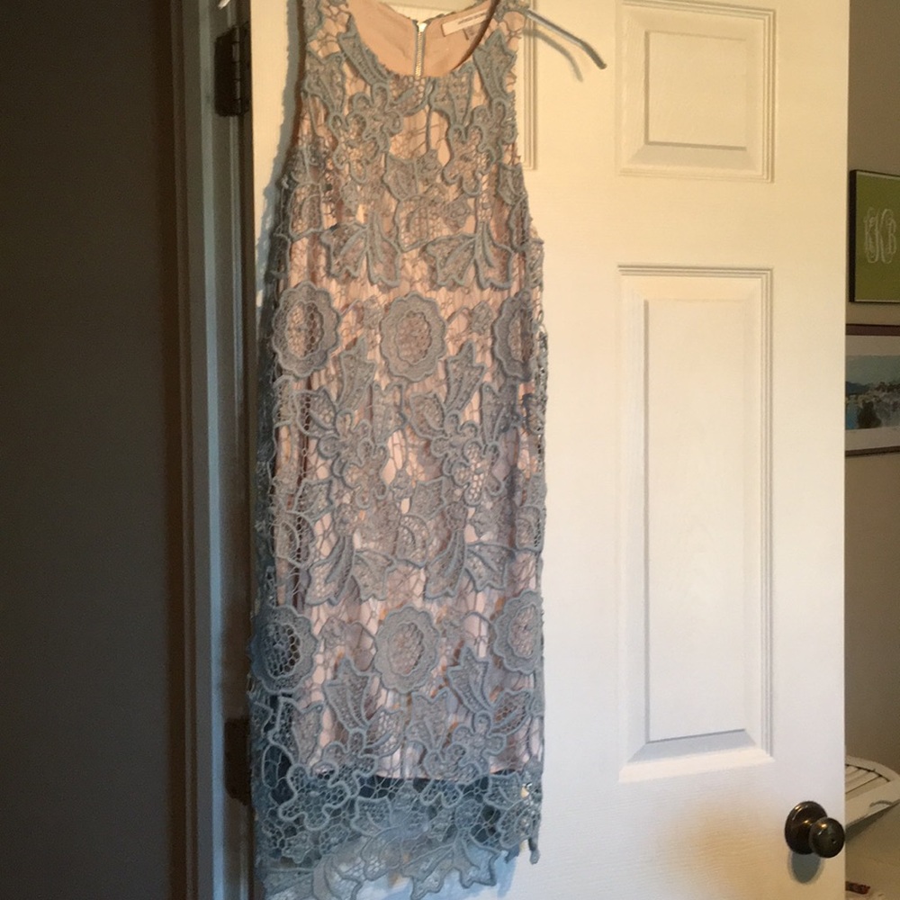 Periwinkle lace dress with peach underlay